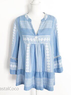 Tru Luxe Jeans Blouse XL Relaxed Top Embroidered 100% Cotton Boho Coastal Beach